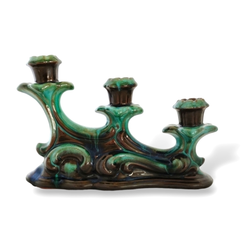 1970s Blue Mountain Pottery Triple Candle Holder | Green & Turquoise Glaze